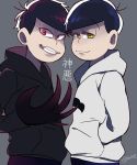  akumatsu artist_name atarime black_hair claws earlobes evil_grin evil_smile grey_background grin hands_in_pockets highres hood hoodie kamimatsu male_focus osomatsu-san red_eyes simple_background smile standing yellow_eyes 