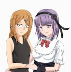  2girls arm_around_waist artist_request bare_shoulders blonde_hair blue_eyes breasts dagashi_kashi deviantart ear_piercing earrings endou_saya_(dagashi_kashi) flower highres jewelry large_breasts multiple_girls piercing purple_hair shidare_hotaru small_breasts smile smirk watermark web_address white_background 