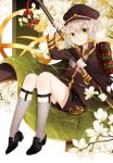  1boy armor cape flower garters green_eyes grey_legwear hat highres hotarumaru japanese_armor kneehighs male_focus ootachi sheath shorts silver_hair sock_garters sode sword touken_ranbu unsheathing weapon zaro 