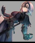  1girl alternate_hair_length alternate_hairstyle armor armored_dress blonde_hair breasts capelet dark_persona fate/apocrypha fate/grand_order fate/stay_night fate_(series) gauntlets headpiece janne_d&#039;arc rain_(nadroj31) ruler_(fate/apocrypha) short_hair smile solo thigh-highs weapon yellow_eyes 