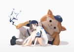  1girl arakawa_(aintnoroom) barefoot baseball_cap baseball_uniform black_hair blue_eyes blush cigar hat long_hair looking_at_viewer lying mascot on_side original smoke sportswear 