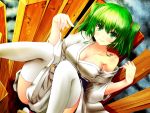  1girl breasts bucket cleavage collarbone fukunaga_kazuhiro green_eyes green_hair highres in_bucket in_container japanese_clothes kimono kisume large_breasts looking_at_viewer obi off_shoulder older sash scrunchie smile solo thigh-highs thighs touhou twintails white_legwear wooden_bucket yukata 