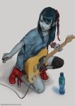  1girl ankle_boots bangs black_eyes black_hair boots bottle bracelet cable electric_guitar flat_chest grey_skin guitar instrument jewelry knee_pads long_hair monster_girl nose one_knee original plectrum ponytail pxvx shirt shorts solo t-shirt water_bottle watermark web_address zombie 