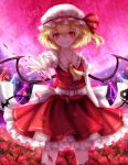  1girl blonde_hair evil_grin evil_smile flandre_scarlet flower frilled_skirt frills grin hat highres laevatein mob_cap moon nail_polish open_hand petals puffy_short_sleeves puffy_sleeves red_eyes red_moon red_nails rose sheya shirt short_hair short_sleeves skirt smile touhou vest wings 