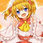  1girl ascot blonde_hair blue_eyes bow double_v fairy_wings hair_bow headdress monrooru open_mouth sash solo sunny_milk touhou twintails v wide_sleeves wings 