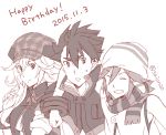  1girl 2boys alisa_ilinichina_amiella black_hair cabbie_hat fujiki_kouta god_eater hat long_hair looking_at_viewer monochrome multiple_boys open_mouth player_(god_eater_burst) saion short_hair simple_background sketch white_hair 