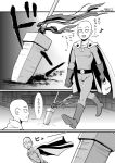  1boy bald beast_spear cape comic crossover kandagawa monochrome one-punch_man polearm saitama_(one-punch_man) spear translated ushio_to_tora weapon 