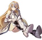  1girl armor armored_dress blonde_hair blue_eyes breasts capelet cleavage fate/apocrypha fate/grand_order fate/stay_night fate_(series) gauntlets headpiece janne_d&#039;arc long_hair looking_at_viewer rain_(nadroj31) ruler_(fate/apocrypha) simple_background sitting smile solo thigh-highs very_long_hair weapon white_background 