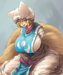  1girl alternate_eye_color blonde_hair breasts brown_eyes chanta_(ayatakaoisii) covered_nipples dress fox_tail grey_background hands_on_lap hanging_breasts hat highres huge_breasts long_sleeves looking_at_viewer multiple_tails open_mouth pillow_hat plump see-through short_hair sitting solo sweat tabard tail thick_thighs thighs touhou wariza white_dress wide_hips yakumo_ran 