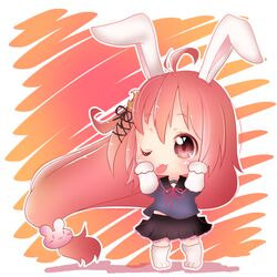  1girl ;3 animal_ears antenna_hair bow bunny_hair_ornament bunny_pose chibi crescent_hair_ornament grey_eyes hair_bow hair_ornament hair_ribbon kantai_collection kemonomimi_mode long_hair looking_at_viewer one_eye_closed orange_eyes oyatsu_(jzs_137) pleated_skirt rabbit_ears ribbon school_uniform serafuku skirt solo uzuki_(kantai_collection) 