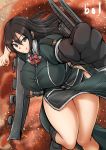  1girl black_boots black_gloves black_hair bol_(liliymimi) boots bow bowtie breasts chikuma_(kantai_collection) foreshortening gloves green_eyes highres huge_breasts kantai_collection long_hair long_skirt looking_at_viewer pelvic_curtain puffy_short_sleeves puffy_sleeves remodel_(kantai_collection) short_sleeves single_glove skirt smile solo 