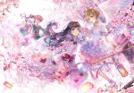  1boy 3girls black_hair blush brown_hair cardcaptor_sakura clow_card daidouji_tomoyo double_bun ekira_nieto green_eyes highres hoshi_no_tsue kero kinomoto_sakura li_meiling li_xiaolang long_hair magical_girl multiple_girls open_mouth red_eyes short_hair twintails 