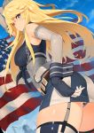  1girl american_flag american_flag_panties anchor arm_up bangs belt blonde_hair blue_eyes blue_sky chain closed_mouth clouds cowboy_shot crane eyebrows eyebrows_visible_through_hair fingerless_gloves from_below from_side front-tie_top garter_straps gloves headgear highres iowa_(kantai_collection) kantai_collection ladic long_hair looking_at_viewer miniskirt outdoors panties pantyshot pantyshot_(standing) skirt sky smile solo standing star star-shaped_pupils stitches striped symbol-shaped_pupils thigh-highs underwear wrist_cuffs 