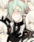  5boys ? black_gloves blonde_hair blush clone closed_eyes eyes_visible_through_hair gloves green_hair hair_over_one_eye hand_on_own_chest higekiri_(touken_ranbu) hizamaru_(touken_ranbu) male_focus multiple_boys nair tears touken_ranbu trembling yellow_eyes 