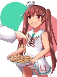  1boy 1girl :d admiral_(kantai_collection) anchor artist_request bare_arms bare_shoulders blush carrying collarbone cookie dark_skin dress dress_lift eyebrows eyebrows_visible_through_hair food hair_ribbon hat holding_food horizontal_stripes kantai_collection libeccio_(kantai_collection) lifted_by_self long_hair long_sleeves looking_up mini_hat neckerchief open_mouth panties pantyshot pantyshot_(standing) red_eyes ribbon sailor_collar sailor_dress simple_background skirt_hold sleeveless sleeveless_dress smile solo solo_focus standing striped striped_panties striped_ribbon tareme teeth twintails underwear very_long_hair white_background white_dress white_hat white_ribbon 