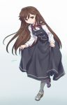  1girl ajino_(sakanahen) alternate_costume arashio_(kantai_collection) brown_eyes brown_hair dress grey_legwear highres jumper kantai_collection kasumi_(kantai_collection) kasumi_(kantai_collection)_(cosplay) long_hair long_skirt long_sleeves remodel_(kantai_collection) school_uniform skirt smile solo 