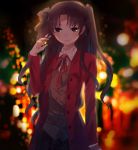  1girl artist_request blush brown_hair fate/stay_night fate_(series) hand_in_hair highres jacket neck_ribbon ribbon school_uniform skirt smile solo toosaka_rin twintails vest 