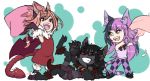  &gt;:d 3girls :d ;d animal_ears artist_request bat_wings black_hair black_sclera black_skin cat_ears cat_tail cheshire_cat_(monster_girl_encyclopedia) chibi claws dog_ears dress ear_piercing fangs fur grin hellhound highres long_hair manticore_(monster_girl_encyclopedia) monster_girl monster_girl_encyclopedia multicolored_hair multiple_girls one_eye_closed open_mouth orange_hair paws piercing pillow pillow_fight pink_eyes purple_hair red_eyes short_hair shorts simple_background smile striped_tail tail two-tone_hair wings yellow_eyes 