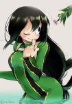  1girl :&gt; aiue0 asui_tsuyu black_eyes black_hair blush bodysuit boku_no_hero_academia breasts commentary_request flower frog frog_girl graphite_(medium) green_bodysuit hair_rings highres in_water long_hair long_tongue low-tied_long_hair millipen_(medium) offering one_eye_closed partially_submerged smile tongue traditional_media wading water 