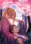  2boys akizuki_keiichirou blonde_hair cherry_blossoms couple fuyu_no_semi hand_on_another&#039;s_face highres japanese_clothes kimono kusaka_touma long_hair lying_on_lap male_focus multiple_boys nature outdoors petals ponytail yaoi zhong1234 