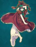  1girl arm_ribbon barefoot frills front_ponytail full_body green_background green_eyes green_hair hair_ribbon highres huyukai_higeta kagiyama_hina long_hair looking_at_viewer puffy_sleeves ribbon shirt short_sleeves skirt skirt_lift skirt_set smile solo touhou 