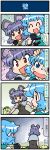  2girls 4koma animal_ears artist_self-insert blue_hair capelet closed_eyes comic commentary crowd di_gi_charat dress gem gradient gradient_background grey_dress grey_hair heterochromia highres jewelry juliet_sleeves karaoke long_sleeves majin_gappa microphone mizuki_hitoshi mouse_ears multiple_girls musical_note nazrin necklace open_mouth pendant puffy_sleeves real_life_insert red_eyes shirt singing smile sweat tatara_kogasa touhou translated vest 