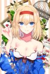  1girl alice_margatroid bad_hands bangs bare_shoulders blonde_hair blue_dress blue_eyes breasts cage cake cleavage closed_mouth collarbone dress food frilled_dress frills hairband looking_at_viewer rinaka_moruchi solo touhou upper_body 