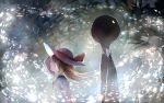 1girl bow bowtie brown_hair deemo deemo_(character) dress girl_(deemo) height_difference highres long_hair looking_up sishenfan tree 