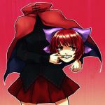  1girl cape disembodied_head gradient gradient_background grin hair_ribbon highres huyukai_higeta long_sleeves mouth_pull red_background red_eyes redhead ribbon sekibanki shirt short_hair skirt smile solo touhou 