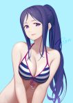  1girl alternate_costume artist_name bangs bikini blue_background bon_nob breasts cleavage eyelashes halterneck large_breasts lipstick long_hair looking_at_viewer love_live!_school_idol_project love_live!_sunshine!! makeup matsuura_kanan pink_lipstick pom_pom_(clothes) ponytail purple_hair signature simple_background solo stomach striped striped_bikini swept_bangs swimsuit upper_body v_arms violet_eyes 