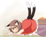  1girl :3 ^_^ animal_ears brown_hair cat_ears cat_tail chen closed_eyes closed_mouth commentary_request dress jewelry kotatsu long_sleeves multiple_tails nekomata outstretched_arms red_dress short_hair single_earring solo table tail touhou trembling two_tails 