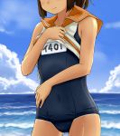  1girl brown_hair clothes_writing emonyu head_out_of_frame i-401_(kantai_collection) kantai_collection name_tag one-piece_swimsuit ponytail sailor_collar school_swimsuit school_uniform serafuku shirt_lift short_ponytail smile solo swimsuit swimsuit_under_clothes tan tanline 