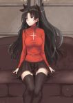  1girl absurdres black_hair blue_eyes breasts couch fate/stay_night fate_(series) highres long_hair sketch skirt solo thigh-highs toosaka_rin twintails wenhe 