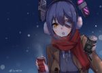  1girl :o breath canned_coffee earmuffs eyepatch kantai_collection konkito purple_hair scarf short_hair snowing solo tenryuu_(kantai_collection) twitter_username 