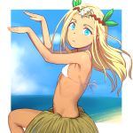  1girl aqua_eyes bare_shoulders beach bikini_top blonde_hair blue_sky dancing dark_skin flat_chest grass_skirt hair_ornament idolmaster idolmaster_cinderella_girls jewelry layla_(idolmaster) long_hair looking_at_viewer navel ocean open_mouth outdoors pettan_p sand sky solo swimsuit water 