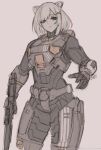  1girl animal_ears assault_rifle bullpup frown grey_eyes grey_hair gun hair_ornament hairclip halo_(series) halo_infinite highres holding holding_gun holding_weapon hololive lion_ears lion_girl ma5 multicolored_hair power_armor power_suit rifle shishiro_botan short_hair simple_background sketch solo standing streaked_hair virtual_youtuber weapon zhvo 
