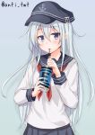  1girl anti_(untea9) blue_eyes blush can commentary_request drinking_straw energy_drink flat_cap hat hibiki_(kantai_collection) highres kantai_collection long_hair looking_at_viewer neckerchief school_uniform serafuku silver_hair solo twitter_username 