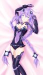  1girl absurdres bangs bed blue_eyes blush braid breasts cleavage cleavage_cutout gloves hair_ornament highres leotard long_hair looking_at_viewer lying neptune_(choujigen_game_neptune) neptune_(series) on_back purple_hair purple_heart solo symbol-shaped_pupils thigh-highs twin_braids very_long_hair 