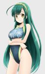  1girl competition_swimsuit crossed_arms fuuma_nagi green_hair hairband long_hair one-piece_swimsuit standing swimsuit touhoku_zunko vocaloid yellow_eyes 