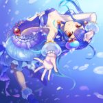  1girl ahoge bare_shoulders blue_hair breasts cleavage dress highres konya_(chocolate_palette) leaning_back long_hair looking_at_viewer looking_back noa_(shironeko_project) red_eyes shironeko_project solo two_side_up underwater wrist_cuffs 
