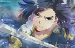  1boy artist_name bravely_default_(series) bravely_second:_end_layer brown_hair green_eyes janne_angard long_hair male_focus mirei_kh13 solo sword weapon 
