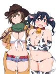  2girls animal_costume animal_ears bell bell_collar belt bikini blue_eyes blue_hair blush breasts brown_eyes brown_gloves brown_hair cleavage collar cow_bell cow_costume cow_ears cow_girl cow_horns cow_print cow_tail cowboy_hat crossed_arms detached_sleeves fingerless_gloves gloves green_scarf hair_between_eyes hair_ribbon hat hiryuu_(kantai_collection) horns kantai_collection kuronyan large_breasts long_hair looking_at_viewer midriff multiple_girls navel open_mouth plump ribbon rope scarf short_hair short_shorts shorts simple_background sleeveless smile souryuu_(kantai_collection) swimsuit tail thigh-highs twintails vest western white_background 