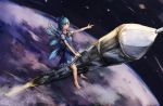  1girl barefoot blue_dress blue_eyes blue_hair bow chen_feng_si cirno collared_shirt dress earth hair_bow ice ice_wings legs liftoff orbit planet pointing ribbon riding rocket shirt short_hair sitting solo space star toes touhou white_shirt wings 