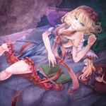  1girl adapted_costume album_cover alice_margatroid blonde_hair blue_eyes book cover frills hairband leg_up light_smile lying marumari minigirl off_shoulder on_back on_bed open_book pillow red_ribbon ribbon shanghai_doll short_hair solo strap_slip touhou 