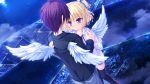  1boy 1girl black_legwear blonde_hair blush clouds face-to-face feathered_wings floating_island flying game_cg hair_ribbon highres holding_hands hood hoodie hug mikagami_mamizu night parfil ribbon short_hair side_ponytail smile thigh-highs violet_eyes wings world_election 
