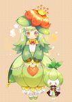  +_+ 1girl bag bow bowtie clover crown cup dress facial_hair flower green_dress green_hair hair_flower hair_ornament handbag heart honeydelight lilligant monocle mustache orange_eyes personification petilil plate pokemon pokemon_(creature) polka_dot polka_dot_background slippers smile steam teacup towel 