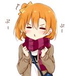  /\/\/\ 1girl =_= bag chibi clenched_hands closed_eyes clothes_writing coat hair_between_eyes handbag kousaka_honoka long_sleeves love_live!_school_idol_project open_clothes open_coat orange_hair pout red_scarf scarf shiina_kuro shirt short_hair side_ponytail simple_background solo striped striped_scarf t-shirt upper_body white_background white_shirt winter_clothes 