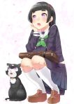  1girl black_hair blush cat hairband hand_on_own_cheek hime_cut kneehighs loafers long_hair long_sleeves nezumi_doshi open_mouth original petals pleated_skirt sailor_collar school_uniform shoes skirt solo squatting violet_eyes 