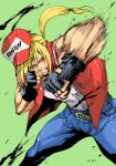  10ro 1boy baseball_cap blonde_hair denim fatal_fury fingerless_gloves gloves hair_down hat jacket jeans long_hair looking_at_viewer male_focus muscle pants ponytail punching snk solo tank_top terry_bogard the_king_of_fighters yellow_eyes 