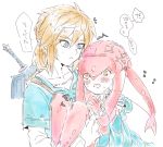  /\/\/\ 1boy 1girl bangs blonde_hair blue_eyes blue_shirt blush bracer carrying collarbone diamond_(shape) fins fish_girl flying_sweatdrops hair_between_eyes hair_ornament hands_clasped interlocked_fingers konagona link lips long_hair long_sleeves mipha monster_girl multicolored multicolored_skin no_eyebrows no_nose open_mouth orange_eyes pointy_ears princess princess_carry red_skin redhead sheath sheathed shirt short_hair short_ponytail short_sleeves simple_background speech_bubble strap sweat sword teeth text the_legend_of_zelda the_legend_of_zelda:_breath_of_the_wild translation_request undershirt weapon white_background white_shirt white_skin zora 